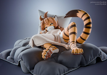 anthro bed black_tail_tip brown_hair digitigrade dipstick_ears dipstick_tail ear_markings eyebrows eyelashes feet female fur furniture hair inner_ear_fluff lying lying_on_bed markings multicolored_ears nude on_back on_bed orange_body orange_fur pawpads pillow smile solo striped_body striped_fur stripes tail tail_markings text tuft white_body white_fur yellow_eyes chyvak twokinds flora_(twokinds) felid keidran mammal pantherine tiger 2025 3d_(artwork) digital_media_(artwork) hi_res url