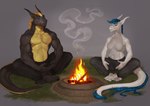 abs anthro belly breasts christa_(rebeldragon101) claws clothed clothing conditional_dnp dragon duo ernesto_(rebeldragon101) feet female fire fireplace grass male male/female meditating meditation mithril07 muscular muscular_anthro muscular_male mythological_creature mythological_scalie mythology navel pecs plant relaxed_expression relaxing scalie size_difference tail topless topless_anthro topless_female topless_male