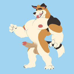 anthro armpit_hair balls big_muscles big_pecs blue_background body_hair erection genitals humanoid_genitalia humanoid_penis looking_pleasured male muscular muscular_male narrowed_eyes nipples nude open_mouth open_smile pecs penis short short_male simple_background smile solo tail teeth tongue tongue_out snomflakes ethan_costas_(character) beagle canid canine canis domestic_dog hunting_dog mammal scent_hound 1:1 full-length_portrait hi_res lineless portrait