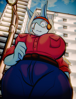 anthro big_breasts blue_body breasts clothed clothing detailed_background female larger_female looking_at_viewer low-angle_view size_difference solo tkho my_hero_academia ippan_josei blender_(artwork) blender_cycles_(artwork) digital_media_(artwork) hi_res