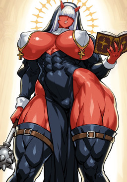 abs big_breasts breasts camel_toe clothing cross female hair hair_over_eye horn huge_breasts huge_hips huge_thighs legwear lips mace melee_weapon muscular muscular_female muscular_humanoid muscular_thighs nipple_outline nun nun_outfit red_body religious_clothing religious_symbol side_boob small_waist solo thick_thighs thigh_highs under_boob weapon white_hair wide_hips odd_eroaka asian_mythology east_asian_mythology japanese_mythology mythology demon horned_humanoid humanoid oni yokai