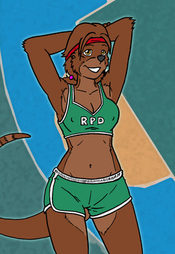 accessory anthro arms_bent biped bottomwear bra breasts brown_body brown_fur brown_hair clothed clothed_anthro clothed_female clothing dolphin_shorts female front_view fur green_bottomwear green_bra green_clothing green_shorts green_underwear hair hands_behind_head headband hotpants long_hair markings medium_breasts navel nipple_outline pose shorts smile solo sports_bra standing striped_markings stripes tail underwear yellow_eyes theviktor emily_attwater mammal mustelid otter 2025 colored portrait three-quarter_portrait