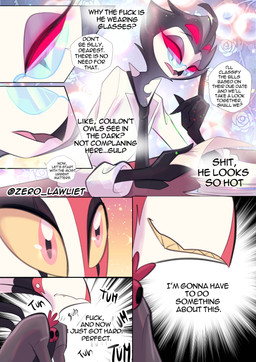 4_eyes 4_fingers anthro back_spines beak black_beak clothing desk dialogue duo erection eyebrows eyelashes eyewear feather_hair feathers fingers furniture glasses grey_body grey_feathers gulp_(sound_effect) half-closed_eyes heartbeat holding_object holding_paper horn inside jacket male male/male multi_eye multicolored_body narrowed_eyes necktie office onomatopoeia open_mouth paper profanity pseudo_hair pupils red_body red_eyes red_sclera sharp_teeth shirt sitting slit_pupils smile sound_effects speech_bubble spines striped_horn stripes swallowing table taxes teeth text tongue toothy_grin topwear wearing_glasses yellow_sclera yellow_teeth zero_lawliet hellaverse helluva_boss blitzo_(helluva_boss) stolas_(helluva_boss) avian bird demon demon_humanoid horned_humanoid humanoid imp owl owl_demon absurd_res artist_name comic english_text hi_res watermark