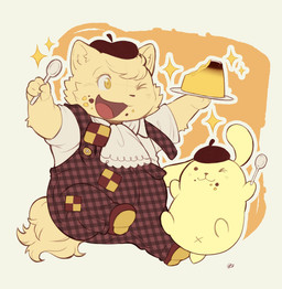 ambiguous_anthro ambiguous_gender anthro anus beret biped clothing cravat cutlery dessert duo floppy_ears food fur hat headgear headwear kitchen_utensils male male_anthro one_eye_closed overalls pudding smile spoon tools wink x_anus yellow_body yellow_fur young young_anthro young_male anaquariusart cyberconnect2 fuga:_melodies_of_steel little_tail_bronx pompompurin_(series) sanrio boron_brioche pompompurin_(character) canid canine canis domestic_cat domestic_dog felid feline felineko felis mammal 2025 absurd_res hi_res