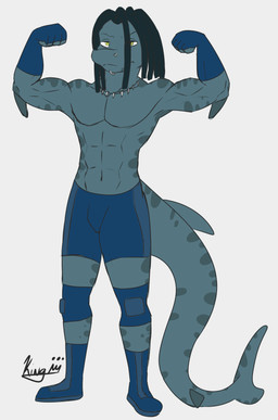 dreadlocks facial_piercing fin jewelry knee_pads male necklace nose_piercing nose_ring piercing ring_piercing solo wrestler kingdraws aquatic fish shark absurd_res hi_res