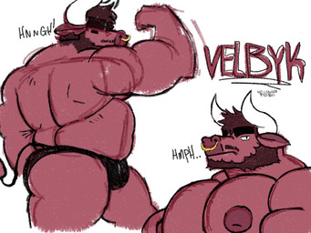 2_horns anthro back_muscles beard belly biceps big_belly big_muscles big_nipples big_pecs bottomwear clothed clothing dialogue eyebrows eyes_closed facial_hair facial_piercing flexing flexing_bicep grumpy hair horn jockstrap jockstrap_only looking_at_viewer male musclegut muscular muscular_anthro muscular_male mustache nipples nose_piercing nose_ring overweight overweight_anthro overweight_male pecs piercing ring_piercing septum_piercing septum_ring short_hair side_view simple_background solo tail text thick_eyebrows topless underwear underwear_only velbyk_(crococola) white_background crococola bovid bovine cattle mammal 4:3 sketch