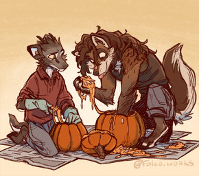 anthro barefoot biped black_nose brown_body brown_eyes brown_fur canine_teeth cheek_tuft clothed clothed_anthro clothing duo facial_tuft feet fluffy fluffy_tail food fruit fur grey_body grey_fur head_tuft holidays looking_at_another male pink_tongue plant pointy_ears prick_ears pumpkin snout tail tan_body tan_fur tongue tongue_out tuft tusks wearing_gloves yellow_sclera falco_works halloween indy_(justroadkill) pen_(falco_works) canid canine canis cervine coyote deer mammal tufted_deer 2025 digital_media_(artwork)