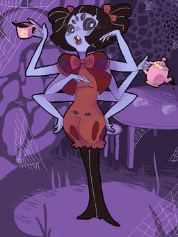 5_eyes 6_arms anthro beverage coffee coffee_mug container cup fangs female front_view hair hands_on_hips head_turned holding_object multi_arm multi_eye multi_limb open_mouth solo spider_web standing teapot teeth tied_hair young misa-acar undertale undertale_(series) muffet arachnid arthropod spider 2016 3:4 aliasing digital_media_(artwork)