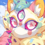 ambiguous_gender anthro blue_hair blue_pawpads blue_sky cloud fur hair inner_ear_fluff looking_at_viewer mouthless multi_eye orange_line_art outside pawpads pink_body pink_ears pink_fur pink_pupils pink_sclera pupils sky solo tuft unusual_pupils white_eyes white_inner_ear_fluff yellow_body yellow_fur yellow_inner_ear corzh77 species_request 1:1 bust_portrait colored_line_art hi_res portrait shaded