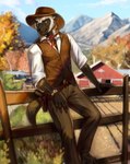 anthro black_nose clothed clothing cowboy day detailed_background male outside sky solo eleacat jay_(jaywolve) gulonine mammal mustelid musteline wolverine 2021 digital_media_(artwork) hi_res