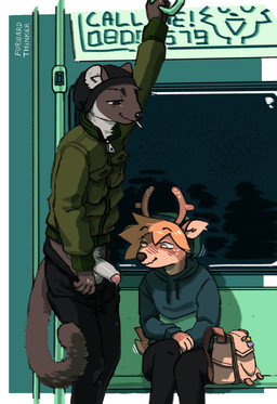 anthro antlers balls bangs beanie blush blush_lines cigarette clothed clothing detailed_background duo embarrassed exclusive_flashing exhibitionism flashing flashing_penis fluffy fluffy_tail foreskin genitals hair hat headgear headwear hoodie horn humanoid_genitalia humanoid_penis inside jacket lgbt_pride looking_at_another male male/male messenger_bag penis presenting pride_colors public public_exposure shocked short_hair side_view sitting smile smoking standing tail tall topwear train transgender_pride_colors vehicle wavy_mouth conditional_dnp furward_thinker comet_(furward_thinker) deer gulonine mammal marten mustelid musteline 2026 clip_studio_paint_(artwork) colored digital_media_(artwork) digital_painting_(artwork) hi_res painting_(artwork) shaded signature trans_(lore) trans_man_(lore)