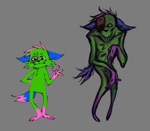 anthro black_eyes black_nose blue_ears blue_tail chest_tuft creepy creepy_smile duo fangs front_view fur gesture green_body green_fur green_hair green_tuft grey_background hair hand_behind_back looking_at_viewer male multicolored_body multicolored_fur multicolored_hair nightmare_fuel pink_body pink_fur pink_hair pink_tail sharp_teeth simple_background smile standing tail teeth tuft two_tone_body two_tone_fur two_tone_hair waving waving_at_viewer nitarustarium don't_touch_my_pizza_(meme) nyanwolf kevin_(nyanwolf) domestic_cat felid feline felis mammal 2025 digital_media_(artwork)