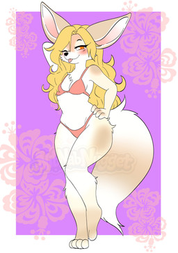 anthro big_ears bikini blonde_hair blush clothing curvy_figure dipstick_tail female hair hourglass_figure markings solo swimwear tail tail_markings tongue tongue_out two-piece_swimsuit nibnabnugget penny_fenmore canid canine fennec_fox fox mammal true_fox absurd_res hi_res