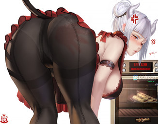 angry baking bent_over big_breasts big_butt breasts butt butt_focus clothing cooking cross-popping_vein dress female hair horn legwear looking_back not_furry panties red_eyes simple_background solo spank_marks text tights underwear white_hair gtunver helltaker patreon lucifer_(helltaker) demon demon_humanoid horned_humanoid humanoid mammal signature url