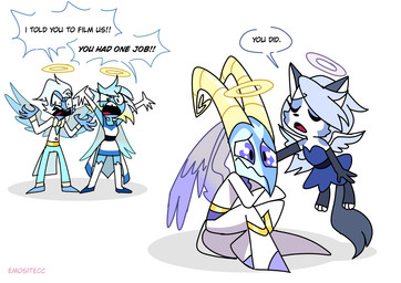 anthro back_wings blue_body blue_eyes blue_skin crossed_arms eyes_closed feathered_wings feathers female female_anthro flying good_ending group halo hand_on_back horn hovering male simple_background sitting text watery_eyes wings young young_anthro emositecc hellaverse helluva_boss blitzo_(helluva_boss) loona_(helluva_boss) millie_(helluva_boss) moxxie_(helluva_boss) angel angel_humanoid canid canid_angel canine cherub humanoid mammal colored english_text