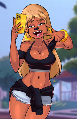 5_fingers anthro big_breasts black_nose blonde_hair blurred_background bottomwear bracelet breasts cellphone cleavage clothed clothing clothing_around_waist ear_piercing ear_ring electronics eyebrows female fingers fully_clothed hair half-closed_eyes holding_cellphone holding_object holding_phone hoop_ear_ring jewelry lipstick long_hair makeup midriff narrowed_eyes navel open_mouth open_smile phone piercing pink_lipstick ring_piercing shirt shirt_around_waist shorts smartphone smile solo standing taking_picture taking_selfie tank_top teeth thigh_gap topwear torn_clothing jumpdriiver disney goof_troop lisa_(goof_troop) canid canine canis domestic_dog mammal 2024 absurd_res hi_res