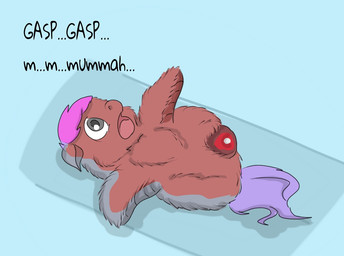 abuse ambiguous_feral ambiguous_gender blue_background cross_section dialogue dismemberment exposed_muscle featureless_crotch feral fur gore grey_eyes hair lying mutilation offscreen_character on_back open_mouth pink_hair purple_tail red_body red_fur simple_background solo tail text young young_ambiguous young_feral carpdime fluffy_pony fluffy_pony_(species) mammal digital_media_(artwork) english_text