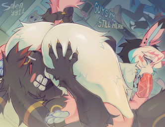 69_position anal annoyed anthro anus big_butt big_penis black_body black_fur blue_pawpads butt duo duo_focus facial_piercing femboy fur genitals group humanoid_genitalia humanoid_penis lip_piercing male male/male male_penetrated male_penetrating male_penetrating_male oral pawpads penetration penis penis_grab piercing red_eyes rimming sex snakebite_piercing video_call white_body white_fur solenyy nintendo pokemon background_character eeveelution generation_2_pokemon generation_4_pokemon generation_6_pokemon lucario pokemon_(species) sylveon umbreon absurd_res hi_res