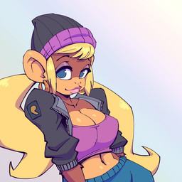 anthro beanie blonde_hair blue_eyes bottomwear breasts cleavage clothed clothing ear_piercing ear_ring eyeshadow female hair hat headgear headwear hoop_ear_ring jacket lipstick long_hair looking_at_viewer makeup midriff piercing pigtails ring_piercing solo topwear nitro donkey_kong_(series) nintendo tiny_kong kong mammal primate 1:1