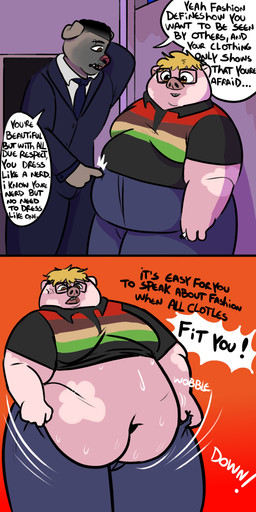 anthro belly belly_overhang bodily_fluids comic_panel dialogue duo lying male male/male mall musk navel nerd obese obese_anthro obese_male on_front overweight overweight_anthro overweight_male security security_guard smile speech_bubble sweat sweatdrop sweaty_pig_comic text lobi_top canid canine canis domestic_dog domestic_pig mammal pit_bull suid suine sus_(pig) 1:2 absurd_res comic cover cover_art cover_page english_text hi_res