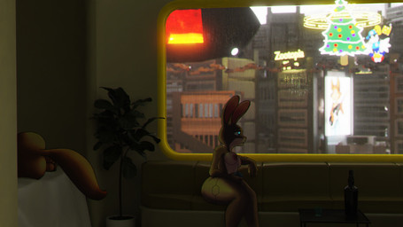 anthro areola bed bottle breasts building butt christmas_tree city city_background container cup cybernetic_leg cybernetic_limb drinking_glass duo female fur furniture futuristic_architecture glass glass_container glass_cup holidays inside lights male multicolored_body multicolored_fur neon_lights nipples nude plant plant_pot potted_plant sign sitting skyscraper sofa text thick_thighs tree two_tone_body two_tone_fur urban leondraw bandai_namco cd_projekt_red christmas cyberpunk_2077 disney klonoa_(series) zootopia judy_hopps klonoa nick_wilde canid canine domestic_cat european_rabbit felid feline felis fox lagomorph leporid mammal oryctolagus rabbit red_fox true_fox 16:9 2020 crossover digital_media_(artwork) english_text widescreen