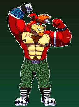 anthro areola armpit_hair biceps big_chest biped blue_eyes body_hair boots chest_hair clothing footwear fur glistening glistening_eyes male male_anthro military_pants muscular muscular_anthro muscular_male nipples plantigrade pubes red_body red_fur shoes smile smiling_at_viewer solo wulfblack activision crash_bandicoot_(series) crunch_bandicoot bandicoot mammal marsupial hi_res