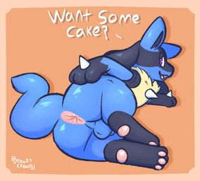 animal_genitalia anthro anus backsack balls big_anus big_butt butt cute_fangs fangs genitals hand_on_butt looking_at_viewer lying male on_side pawpads paws perineum pink_anus purple_eyes requesting sex_request sheath solo teeth text drowzycroaks nintendo pokemon benji_(sleepylux) generation_4_pokemon lucario pokemon_(species) hi_res