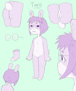 anthro anus butt eyelashes eyewear female genitals glasses hair legs_up navel nude purple_body purple_eyes purple_hair short_hair solo text vulva young young_female y0dare lagomorph leporid mammal rabbit 5:6 character_name hi_res model_sheet