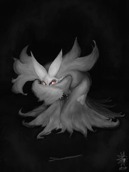ambiguous_anthro ambiguous_gender anthro big_ears black_background claws fur glowing glowing_eyes inner_ear_fluff looking_at_viewer red_eyes simple_background solo stick tuft halfbaked-hope nintendo pokemon delphox generation_6_pokemon pokemon_(species) 2025 3:4 absurd_res grey_theme hi_res signature spot_color