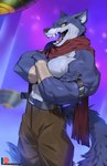 anthro belt bergamo bottomwear canid canine claws clothing crossed_arms dragon_ball dragon_ball_super hi_res looking_at_viewer male mammal muscular open_mouth open_smile pants patto scarf sharp_teeth smile solo tail teeth