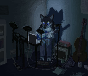 anthro barefoot blue_body blue_bottomwear blue_clothing blue_fur blue_pants bottomwear bowed_string_instrument cello clothing detailed_background drum drum_set electric_guitar electronic_drum feet fur guitar holding_guitar holding_musical_instrument holding_object inside light male musical_instrument pants percussion_instrument plucked_string_instrument solo string_instrument demensa canid canine canis mammal wolf 2020 digital_media_(artwork) pixel_(artwork)