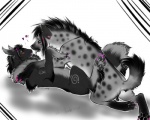 abstract_background digitigrade duo eye_contact female feral feral_on_feral fuzzy looking_at_another lying nude on_back quadruped simple_background tail shikoyote shey canid canine fox hyena mammal spotted_hyena 5:4