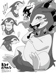 2022 3_fingers 3_toes anthro bell blush clothing collar cute_fangs duo english_text eromame eyes_closed feet fingers fire generation_8_pokemon greyscale hisuian_form hisuian_typhlosion japanese_text kemono looking_at_viewer monochrome narrowed_eyes nintendo open_mouth open_smile pokemon pokemon_(species) regional_form_(pokemon) shirt simple_background sitting smile standing text toes topwear white_background