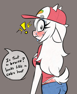 2_horns anthro baseball_cap big_breasts black_clothing black_eyes black_panties black_text black_underwear blue_bottomwear blue_clothing blue_jeans blue_pants blush bodily_fluids bottomwear breasts bruised bruised_butt butt clothing denim denim_bottomwear denim_clothing dialogue exclamation_point eyelashes female female_anthro fur furgonomic_hat furgonomic_headwear furgonomics hair hat headgear headwear hoofprint horn jeans long_hair looking_back multicolored_clothing multicolored_hat multicolored_panties multicolored_shirt multicolored_topwear multicolored_underwear nervous offscreen_character panties pants panty_peek rear_view red_clothing red_hat red_headwear red_panties red_shirt red_topwear red_underwear shirt short_horn short_tail small_horn snout solo speech_bubble standing sweat sweaty_face tail talking_to_another text topwear two_tone_clothing two_tone_panties two_tone_underwear underwear white_body white_clothing white_ears white_fur white_hair white_hat white_headwear white_horn white_shirt white_tail white_topwear wide_eyed soulcentinel alba_(nelljoestar) bovid caprine goat mammal 2026 english_text handwritten_text