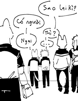 anthro backpack bag beverage blush blush_lines blush_stickers clothed clothing dialogue duo eating eyes_closed footwear group holding_object male male/male milk open_mouth school_uniform shoes shoes_on smile speech_bubble tail tail_motion tailwag text uniform walk-in toastedeh toast_(toastedeh) canid canine canis domestic_cat domestic_dog felid feline felis fox lagomorph leporid mammal rabbit monochrome translated vietnamese_text