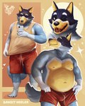 abstract_background anthro areola barefoot belly bottomwear cellphone claws clothed clothing electronics eyebrows feet fur heart_symbol holding_object holding_phone looking_at_viewer male musclegut muscular muscular_anthro muscular_male navel nipples one_eye_closed open_mouth open_smile overweight overweight_anthro overweight_male pecs phone plantigrade shadow shirt shorts simple_background smartphone smile solo sparkles standing tan_background tank_top teeth text tongue topless topless_anthro topless_male topwear tuft wink netba bluey_(series) bandit_heeler australian_cattle_dog canid canine canis cattledog domestic_dog herding_dog mammal pastoral_dog 2025 4:5 absurd_res character_name english_text hi_res watermark