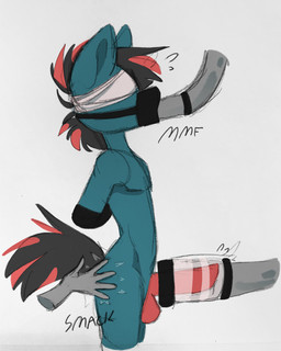 anthro arms_tied bdsm blindfold bondage bound butt_slap contact_onomatopoeia disembodied_hand force_feeding forced genitals impact_onomatopoeia machine male muffled onomatopoeia penile penis penis_milking slap slave smack_(sound_effect) solo sound_effects spanking text vowelless vowelless_vocalization nitrus friendship_is_magic hasbro my_little_pony equid equine horse mammal pony 4:5 hi_res