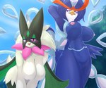 anthro areola beak big_breasts blue_body blue_eyes breasts duo female fur green_body green_fur hanging_breasts looking_at_viewer nipples nude pink_areola pink_nipples smile ebino_senaka nintendo pokemon avian felid feline generation_9_pokemon mammal meowscarada pokemon_(species) quaquaval hi_res