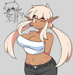 black_bottomwear black_clothing black_eyebrows black_shorts bottomwear breasts brown_body brown_breasts brown_ears brown_skin cleavage clothed clothed_female clothed_humanoid clothing crop_top eyebrows female freckled_breasts freckled_face freckled_hips freckled_shoulders freckles grey_background hands_behind_back looking_aside navel not_furry one_eye_closed orange_eyes pigtails pupils shirt shorts simple_background smile solo thick_eyebrows topwear white_clothing white_crop_top white_pupils white_sclera white_topwear wink genocityzone autumn_(genocityzone) elf humanoid 2025 digital_media_(artwork) hi_res