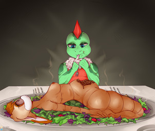 age_difference anthro anthro_pred arms_tied bloodshot_eyes bound character_prepared_as_food cooked corpse cutlery dead_eyes death eating fatal_vore female female_anthro food fork gore gore_focus hard_vore kitchen_utensils long_ears looking_up male male/female male_anthro mature_anthro mature_female mouth_closed nude older_female open_belly plant roasted salad serving_platter short_tail steam steaming_body tail tools vegetable vore wide_eyed elis_roller sega sonic_the_hedgehog_(series) oskar_(2ndvoice) vanilla_the_rabbit bovid caprine hybrid lagomorph leporid lizard mammal rabbit reptile scalie sheep hi_res