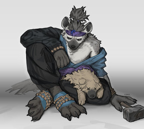 accessory animal_skin anthro bottomwear claws clothing grey_body hair headband looking_away male markings melee_weapon sitting sitting_on_ground solo spots spotted_body tail weapon o_tout0 arknights hypergryph studio_montagne spot_(arknights) hyena mammal spotted_hyena 2026 absurd_res hi_res