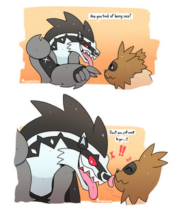 ambiguous_gender anthro blep brown_body brown_eyes brown_fur duo ellipsis exclamation_point eyes_closed feral fur gesture hand_gesture humor licking long_tongue looking_down looking_up open_mouth parody pink_tongue pointing question question_mark red_eyes sharp_teeth size_difference smile standing surprised teeth text tongue tongue_out thegreyzen nintendo pokemon generation_3_pokemon generation_8_pokemon mammal mustelid obstagoon pokemon_(species) zigzagoon 2019 comic english_text meme