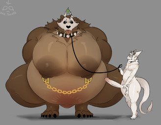 anthro balls belly bending_knees big_belly big_muscles big_nipples big_pecs bone brown_body brown_fur collar duo eyewear fur genitals glasses hair huge_belly huge_muscles huge_nipples huge_pecs humanoid_genitalia humanoid_penis hyper hyper_belly hyper_muscles hyper_nipples hyper_pecs larger_male larger_sub leaf leaf_on_head leash leashed_collar long_penis male male/male moobs muscular muscular_anthro muscular_male nipples nude overweight overweight_anthro overweight_male pecs penis size_difference skull skull_head smaller_male submissive tail tongue tongue_out sad_tomato mythology ryu_(ryujibon) todd_(sad_tomato) canid canine demon dragon furred_dragon furred_scalie hybrid mammal mythological_creature mythological_scalie raccoon_dog scalie tanuki digital_media_(artwork) hi_res