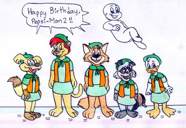 3_toes 4_fingers anthro barefoot beak bent_ears beret big_tail biped black_eyes black_feet black_hands black_nose black_stripes blue_sclera bottomwear boy_scout brown_body brown_feet brown_fur brown_hands brown_tail_tip cheek_tuft clothing dialogue dipstick_tail facial_markings facial_tuft feathers feet fingers floating floppy_ears fluffy fluffy_tail fur glance gloves_(marking) green_beret green_clothing green_hat green_headwear green_uniform grey_body grey_fur group hair hairless_feet hairless_hands happy_birthday hat head_markings head_tuft headgear headwear kilt leg_markings looking_at_viewer male mane markings mask_(marking) multicolored_body multicolored_fur open_mouth orange_beak orange_bill orange_legs paws pink_inner_ear pointy_ears red_hair red_mane ring_(marking) ringed_tail scout_uniform simple_background smile smiling_at_viewer socks_(marking) speech_bubble standing striped_markings striped_tail stripes tail tail_markings tan_body tan_fur text toes toony tuft two_tone_body two_tone_fur uniform white_background white_body white_feathers white_sclera yellow_body yellow_fur young young_anthro young_humanoid young_male jose-ramiro blinky_bill_(series) camp_lazlo cartoon_network casper_the_friendly_ghost disney ducktales hanna-barbera hokey_wolf metro-goldwyn-mayer the_lionhearts the_raccoons bentley_raccoon casper_(casper_the_friendly_ghost) ding-a-ling_wolf huey_duck shifty_dingo spencer_lionheart anatid anseriform avian bird canid canine canis dingo duck felid ghost humanoid lion mammal pantherine procyonid raccoon spirit wolf 2025 colored colored_sketch crossover english_text graphite_(artwork) hi_res sketch traditional_media_(artwork)