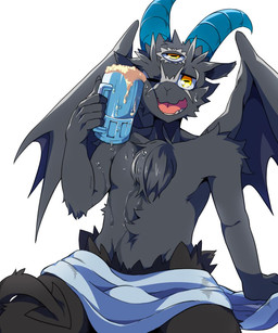 3_eyes alcohol anthro beer beverage black_body black_fur container cup drunk fur horizontal_pupils horn male multi_eye pupils solo substance_intoxication towel wings yellow_eyes lupus5903 bovid caprine demon goat mammal 5:6 hi_res