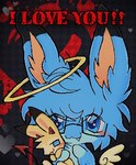 2000s_theme 2_horns :3 abstract_background ahoge ambiguous_feral ambiguous_gender blue_body blue_eyes blue_fur blush chibi countershade_face countershading duo eyewear fangs feral floating_wings fur glasses hair halo halo_around_ear horn i_love_you kemono open_mouth open_smile red_horn semi-anthro smile spade_tail tail teeth text unusual_anatomy unusual_wings wings yellow_halo dethtwink lagomorph leporid mammal rabbit english_text low_res