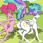 1:1 2018 action_pose anthro anus blush butt_ripples butt_smack clitoris cutie_mark dialogue duo english_text equid equine equine_anus feathered_wings feathers female female/female feral friendship_is_magic fur genitals hair hasbro hi_res hooves horn mammal multicolored_hair multicolored_tail my_little_pony mythological_creature mythological_equine mythology open_mouth outside pink_body pink_fur pink_hair pinkie_pie_(mlp) plant pose princess_celestia_(mlp) puffy_anus pussy rainbow_hair rainbow_tail sailoranna tail teats text tree white_body white_fur winged_unicorn wings