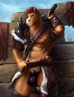 anthro armor balls big_balls big_balls_small_penis black_balls black_penis brown_eyes brown_nipples disproportionate_genitalia foreskin front_view genitals looking_at_viewer male male_anthro markings mouth_closed muscular muscular_anthro muscular_male navel nipples orange_body penis red_markings small_penis solo standing satanic_monkey equid equine horse mammal hi_res portrait three-quarter_portrait