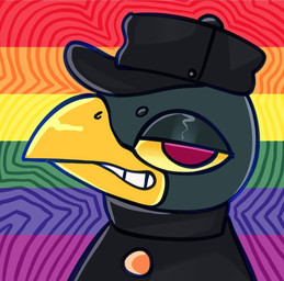 anthro beak black_clothing black_hat black_headwear clothing green_body hat headgear headwear lgbt_pride male pride_colors rainbow_flag rainbow_pride_flag rainbow_symbol red_eyes smile solo yellow_sclera salamikii lgbt_pride_month night_in_the_woods germ_warfare_(nitw) avian bird 2022