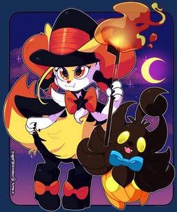 4_fingers :3 accessory ahoge ambiguous_anthro ambiguous_gender anthro arm_tuft biped black_body black_boots black_cape black_claws black_clothing black_footwear black_fur black_hat black_headwear black_ribbon blue_bow boots border bottomless bottomless_ambiguous bottomless_anthro bow_(feature) bow_ribbon bow_tie cape cheek_tuft chest_tuft claws clothed clothing cloud crescent_moon cute_fangs dipstick_tail duo eyelashes facial_tuft fangs finger_claws fingers fire flat_chested fluffy fluffy_tail footwear front_view fur furgonomic_headwear furgonomics hair hair_accessory hair_bow hair_ribbon hat headgear headwear heart_eyes heart_symbol hip_tuft holding_object holding_wand holidays inner_ear_fluff looking_at_viewer markings moon multicolored_body multicolored_fur night open_:3 open_mouth open_smile orange_body orange_bow orange_eyes orange_fur orange_inner_ear_fluff orange_nose orange_tail_tip outline partially_clothed_ambiguous partially_clothed_anthro pointy_ears prick_ears ribbons shoes shoulder_tuft smile standing star star_polygon stick tail tail_markings teeth tuft two_tone_tail wand white_body white_fur witch_hat yellow_body yellow_eyes yellow_fur yellow_tail ashiji halloween nintendo pokemon braixen canid generation_6_pokemon mammal pokemon_(species) pumpkaboo 2014 alpha_channel cel_shading colored digital_drawing_(artwork) digital_media_(artwork) full-length_portrait portrait shaded